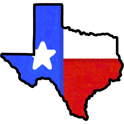  A land mass matching the shape of the USA state texas with a black outline and the interior matching the texan flag: vertical blue stripe, and two horizontal stripes in white then red with a white star on the blue stripe.